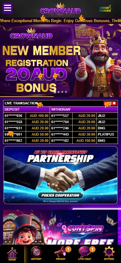 Crownaud Casino mobile home view for Australian players
