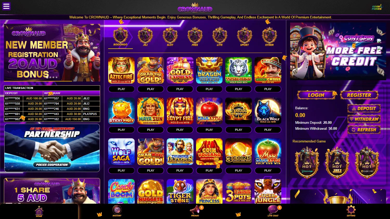 Crownaud Casino desktop home view with AUD casino information
