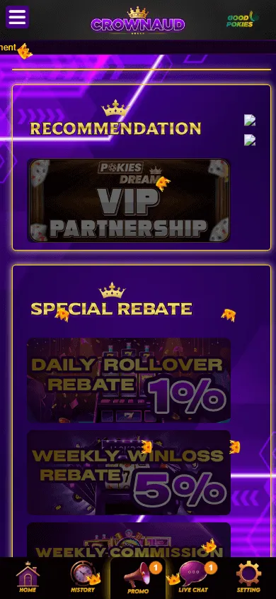 Crownaud Casino mobile promotions view featuring the $20 AUD no-deposit bonus