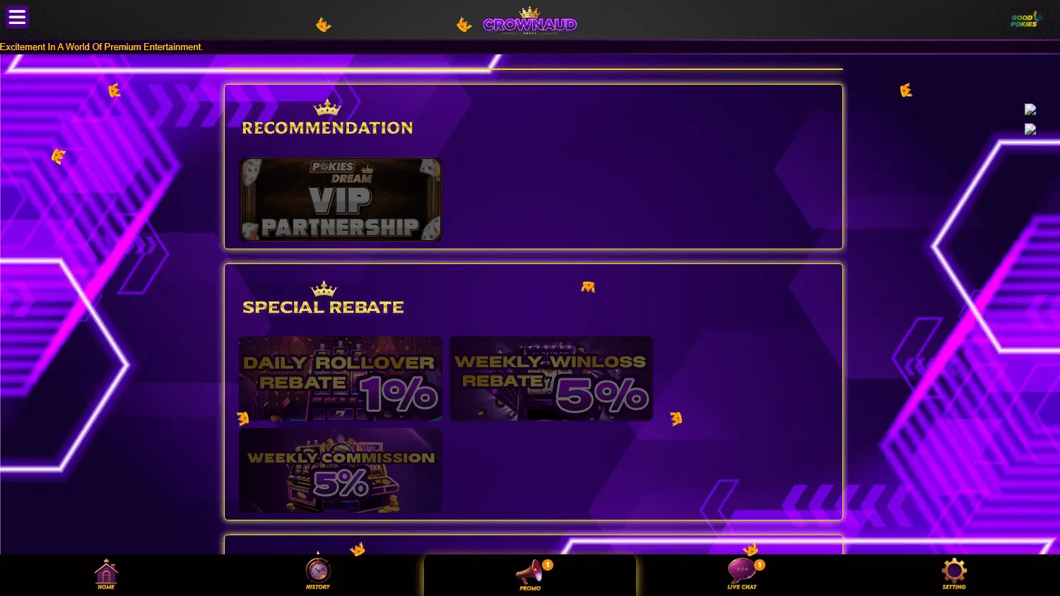 Crownaud Casino desktop promotions view featuring the automatic $20 AUD offer